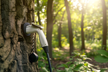 Electric Car EV Supercharger Attached To A Tree In A Forest, Green Energy Photography, Solar-powered Car Charging, Green Carport Charger 