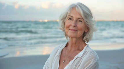 Elegant senior lady, serene beach backdrop, portrait of grace and wisdom, peaceful retirement lifestyle