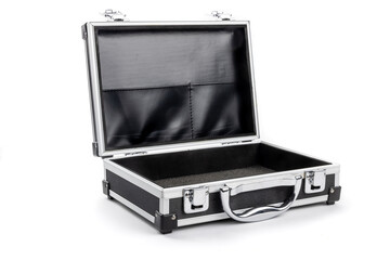 A small closed black equipment case with latches isolated on white