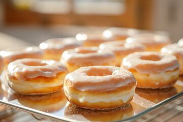 Close-Up Freshly Made Cream-filled Donuts Displayed On A Trays In Bakery Interior, Donuts Food Photography, Food Menu Style Photo Image