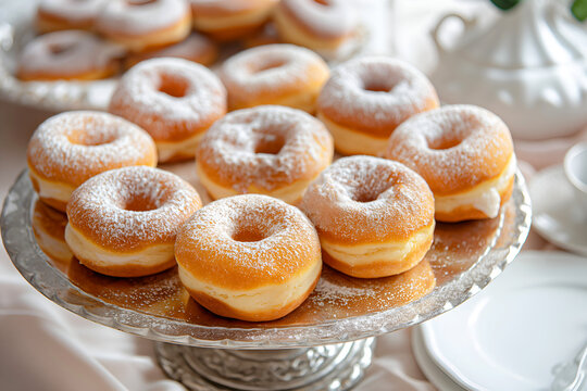 Close-Up Freshly Made Cream-filled Donuts Displayed On A Trays In Bakery Interior, Donuts Food Photography, Food Menu Style Photo Image