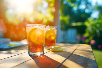 Close-Up Cold Glass Of Iced Tea And Lemonade On A Sunny Table In Home Interior, Iced Tea Beverage Photography, Drinks Menu Style Photo Image