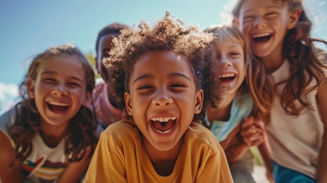 Group of joyful children playing outside, a diverse and energetic gathering embodying the spirit of carefree youth and friendship