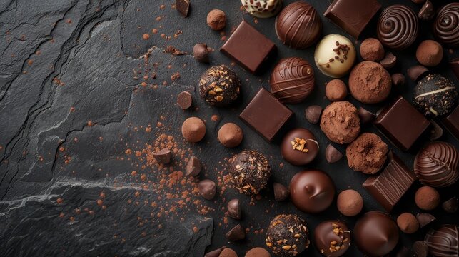 gourmet chocolate pralines artfully arranged on a rich, textured dark chocolate background, food photography