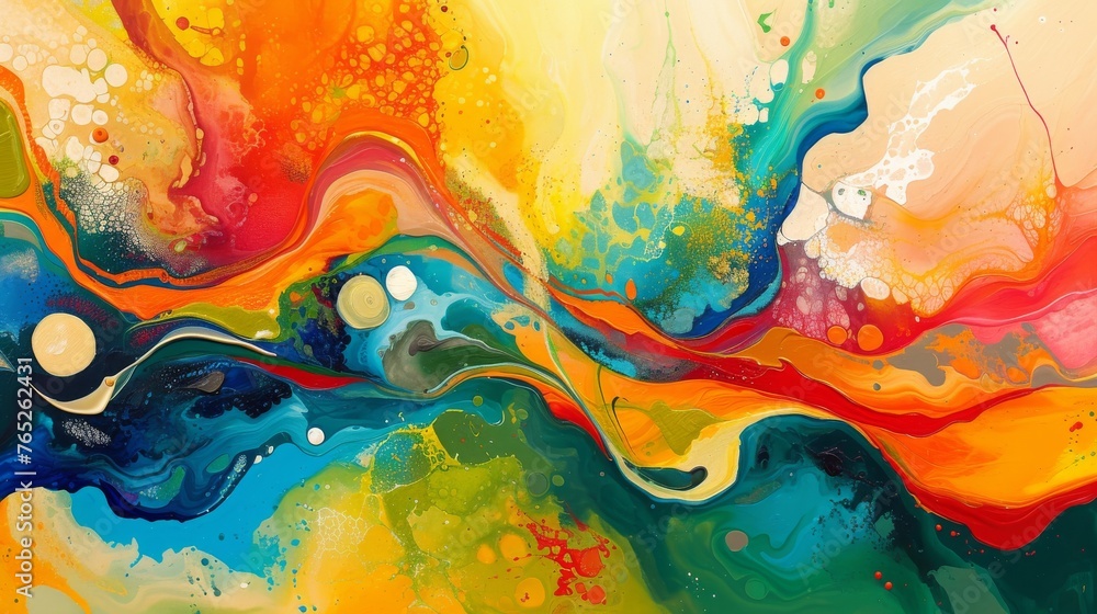Poster an energetic flow of colors merges in a fluid art piece, with swirls and splashes creating a visuall