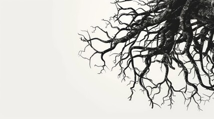 intricate tree roots intertwined on blank white backdrop, minimalist nature concept illustration