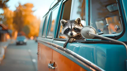 Fotobehang A baby raccoon opens the window of the car and tries to escape. Generative AI © HUIWON