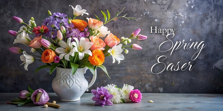 Happy Easter Concept with Flower Bouquets on Blackboard, holiday, Easter Flowers, Spring, Easter, greeting card, easter, holiday, Easter Bunny