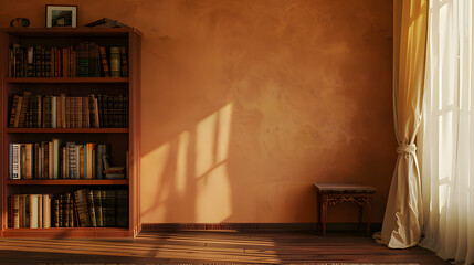 The old room has a bookshelf and curtains, but sunlight is coming in. Generative AI