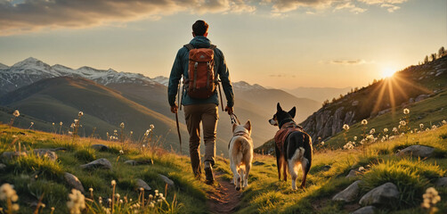 Person or persons with dog on a hike through wonderful summer nature mountain landscapes in the...