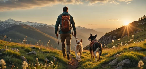 Foto op Canvas Person or persons with dog on a hike through wonderful summer nature mountain landscapes in the afternoon © Christoph Burgstedt