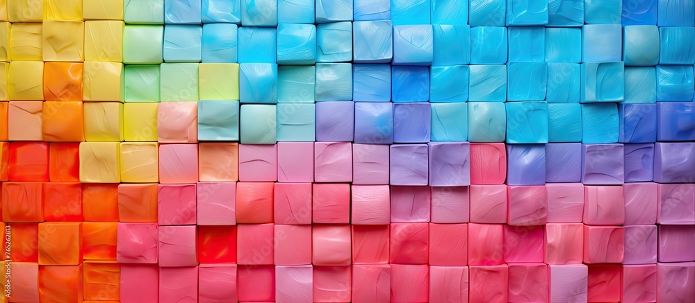 Aufkleber an up-close view of a colorful wall constructed with paper blocks