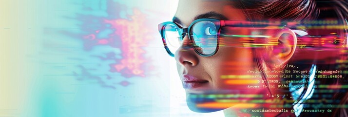 Cybersecurity Expert Monitoring Data. Focused cybersecurity expert with reflections of code on glasses, overseeing data protection.