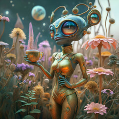 beautiful  alien lady with huge eyes in golden dress drinking a tea  around blossom flowers. Digital artwork. Ai generated - 765262812