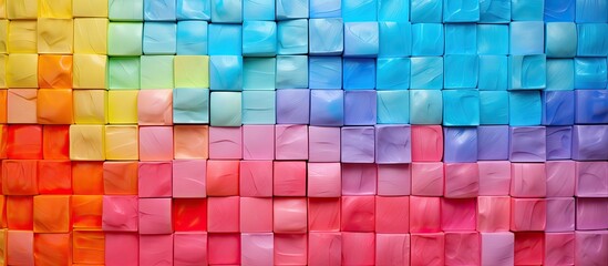 An up-close view of a colorful wall constructed with paper blocks