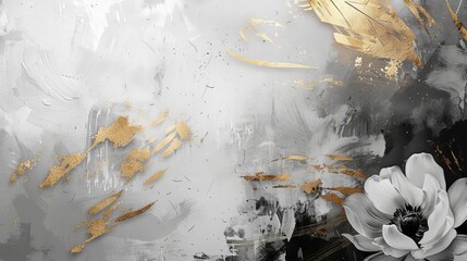 modern abstract floral background with gold brushstrokes and textured grey canvas