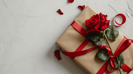 Elegant rustic gift box with red ribbon and red rose, featuring generous copy space for custom text, ideal for personal and professional use.
