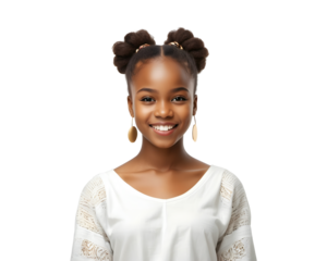 Portrait of happy young african girl smiling on transparent background.