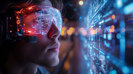 Tech-savvy innovation: Person uses smart glasses to manipulate holographic display.