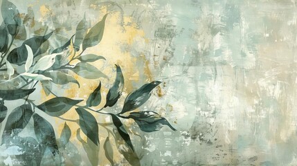 Nostalgic golden brushstrokes on textured canvas, abstract floral leaves in green and gray