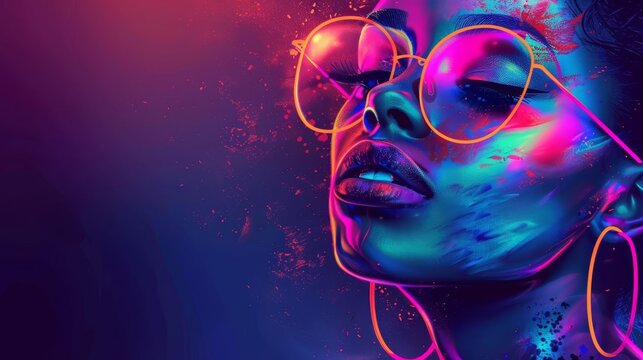 neon portrait of fashionable girl with glasses, vibrant colors for disco event