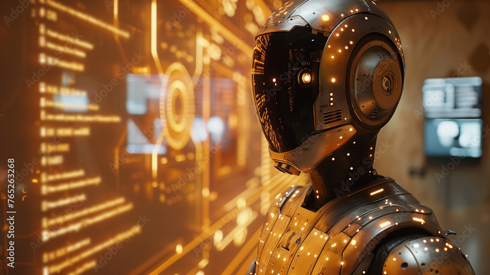 Poster futuristic interface: android interacts with holographic interface in digital artwork.