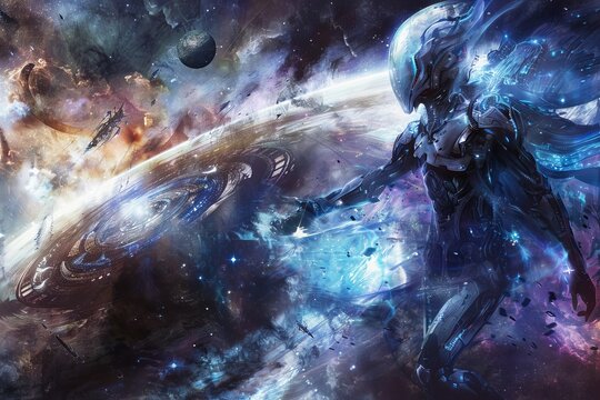 A captivating painting of an extraterrestrial being with advanced technology and sleek silver armor, surrounded by a holographic interface and alien spacecraft in a distant galaxy.