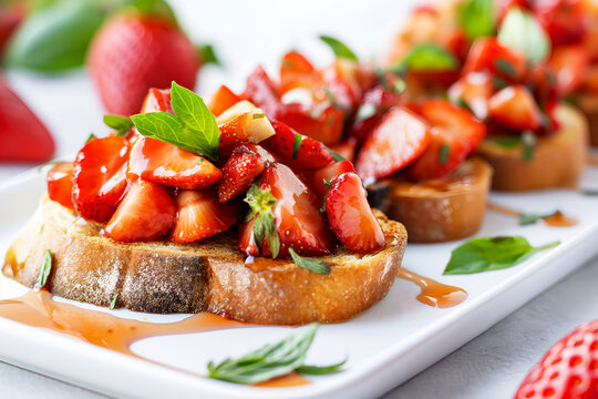 Close-Up Delicious Bruschetta Topped With Fresh Strawberries On A White Plate In Food Restaurant Interior, Food Photography, Food Menu Style Photo Image