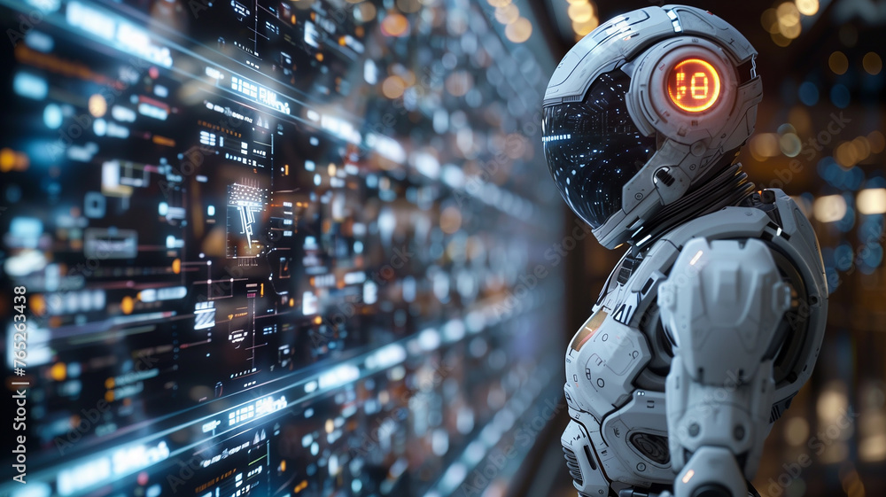 Poster digital interaction: robot stands before holographic projection in sleek illustration.