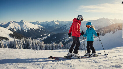 Fototapeta na wymiar Family on a skiing vacation 