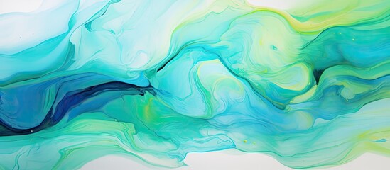A close up of a fluid blue and green art paint swirl on a white surface, resembling an electric blue pattern with hints of aqua in the painting