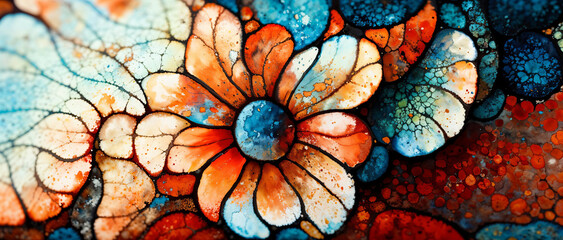 Abstract stained glass like fractal background flower design in rustic orange and yellow colors with deep saturated  cobalt blue and crimson red grunge surface textures.
