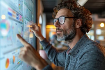 A brand strategist in a modern workspace developing a niche market campaign on a digital whiteboard