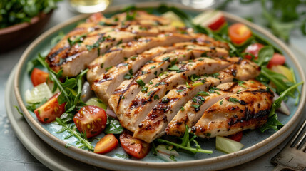 A close-up view of a plate of food featuring juicy pieces of chicken cooked to perfection.