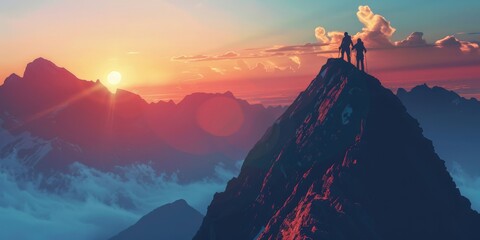 two-man mountaineering assistance and reaching the top of the mountains - obrazy, fototapety, plakaty