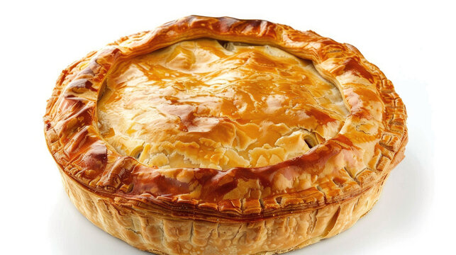 Steak and ale pie with golden puff pastry, Minimalistic presentation on a white background
