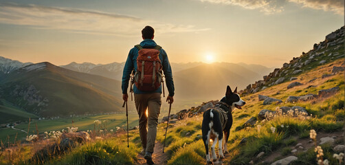 Person or persons with dog on a hike through wonderful summer nature mountain landscapes in the afternoon - obrazy, fototapety, plakaty
