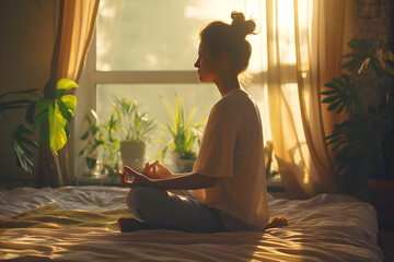 Woman Doing A Wellness Practice Of Meditation & Deep Breathing Upon Waking Surrounded By Calming Elements, Professional Photography - obrazy, fototapety, plakaty