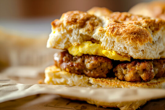 Close-Up Delicious Sausage And Egg Biscuit Sandwich In Food Restaurant Interior, Breakfast Food Photography, Food Menu Style Photo Image