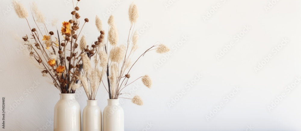 Poster there are two vases displayed on a table, each containing dried plants in a simple and elegant arran