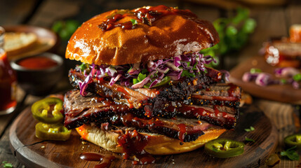 Smoked brisket sandwich with coleslaw, jalapeno slices, and hot sauce in a brioche bun