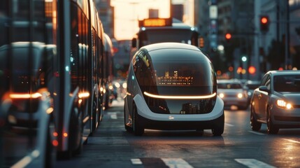 In the streets electric vehicles and public transportation systems seamlessly move through traffic all powered by solar energy. The . AI generation.