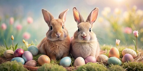 Adorable Bunny Duo with Colorful Easter Eggs and Spring Blooms, Easter eggs, holiday, Easter Flowers, Spring, Easter, greeting card, easter, holiday, Easter Bunny