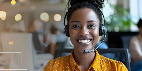 Exemplary Customer Service: A Call Center Agent Demonstrating Confidence and Professionalism. Concept Communication Skills, Problem-Solving, Empathy, Active Listening, Conflict Resolution - obrazy, fototapety, plakaty