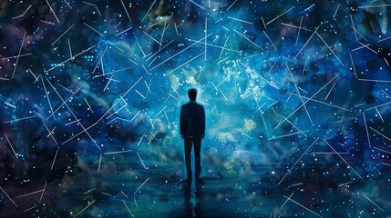 Businessperson standing in the center of a network of connections, digital painting