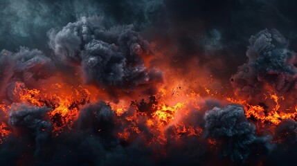 Dramatic explosion border with dark smoke and red lava, dangerous volcanic eruption - obrazy, fototapety, plakaty