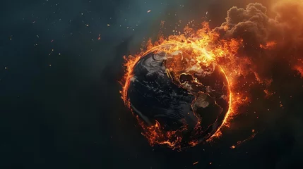 Fotobehang Dramatic illustration of a burning Earth with swirling flames and smoke, conceptual artwork about climate change and global warming © Bijac
