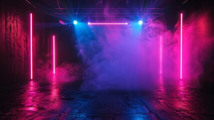 Empty dark stage with neon lights and smoke in abstract photography style - obrazy, fototapety, plakaty