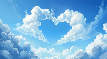 Fluffy white clouds forming a heart shape in a clear blue sky, symbolizing love - Valentines day illustration - obrazy, fototapety, plakaty