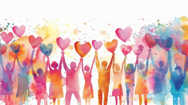 Diverse group of people raising hands towards painted hearts, community unity watercolor illustration